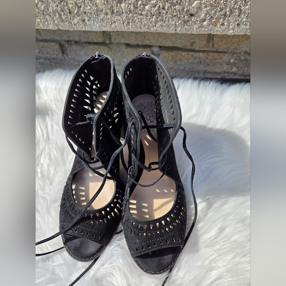 Vince Camuto Suede Lace Sandals Size US 7 Women Black With Back Zipper